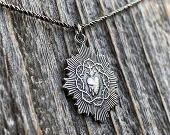 Petite French Sterling Silver Sacred Heart of Jesus Medal Pendant on Necklace, Antique Replica, Basilica of the Sacred Heart Paray-le-Monial