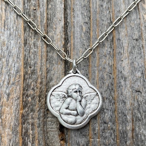 Silver Angel Medal Pendant on Necklace, Reproduction of French Antique Medallion, Quatrefoil Shaped Antique Replica Cherub Putti Charm