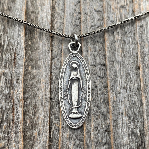 Sterling Silver Latin Miraculous Medal Pendant and Necklace, Antique Replica of French Miraculous Medallion, Elongated Oval Shaped Charm