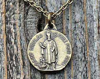 Antiqued Gold St Nicolas French Medallion Necklace, Antique Replica Saint Nicholas Medal, Patron Saint of Children, From France, Penin Karo