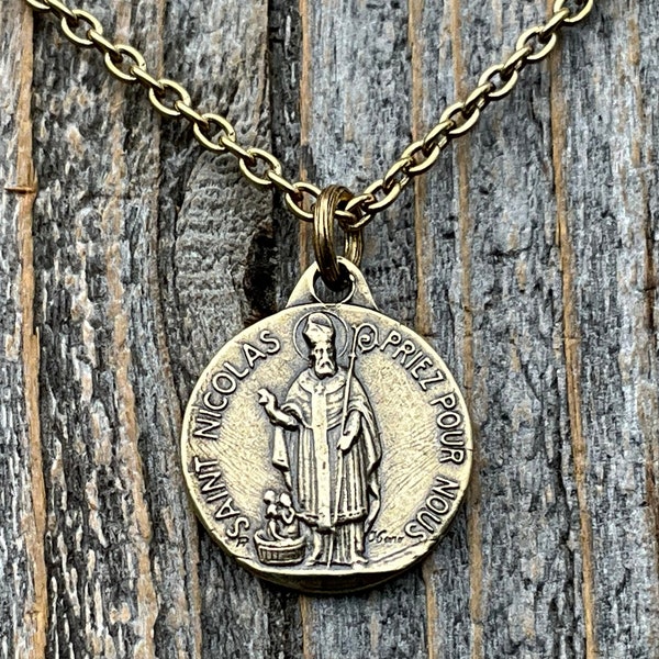Antiqued Gold St Nicolas French Medallion Necklace, Antique Replica Saint Nicholas Medal, Patron Saint of Children, From France, Penin Karo