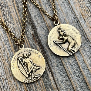 Antiqued Gold Archangel Raphael & St Christopher Medallion Necklace, Antique Replica Protection 2-sided Medal, Saint Healing, Saint Safety