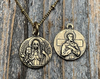 Fertility Saint Colette of Corbie Small Gold Antique Replica Medal and Necklace, By French Artists Penin & Karo, 2-sided Medallion Charm