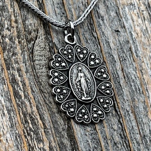 Sterling Silver Miraculous Medal Pendant Necklace, Hearts Border, Antique Replica, Blessed Virgin Mary Medal, Immaculate Virgin Mary, MM5