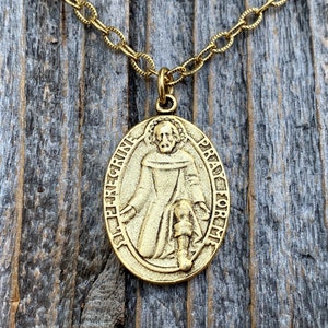 Antiqued Gold St Peregrine Laziosi Medal Pendant on Necklace, Antique Replica, Saint of Cancer Pray for Me, Saint Peregrinus Pellegrino