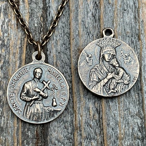 Bronze St Gerard Majella & Our Lady of Perpetual Help Medallion Necklace, Antique Replica, Saint of Expectant Mothers, Saint of Fertility