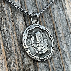 Sterling Silver Saint Padre Pio Antique Replica Medal Pendant Necklace, Saint Pius of Pietrelcina Medallion, Pray Hope and Don't Worry