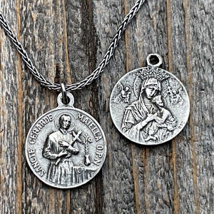 Sterling Silver St Gerard Majella & Our Lady of Perpetual Help Medallion Necklace, Antique Replica, Saint of Expectant Mothers, Fertility