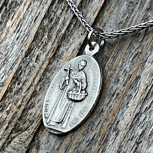 Sterling Silver Saint Martin of Porres Medallion Necklace, Antique Replica, Oval 2-sided Martinus de Porres & Queen of the Holy Rosary Medal