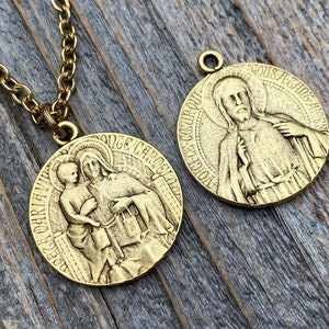 Antiqued Gold Scapular Pendant on Necklace, Antique Replica of French Artist Tricard Medallion, Sacred Heart of Jesus and Our Lady Mt Carmel