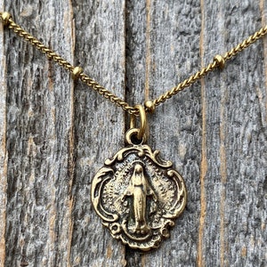 Antiqued Gold Small Miraculous Medal Pendant Necklace On Satellite Chain, Antique Replica, Art Nouveau Blessed Virgin Mary Medal Pendant MM3