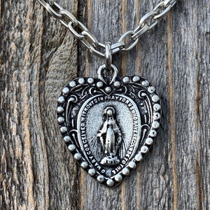 Antiqued Pewter Heart Shaped Miraculous Medal Pendant Necklace, Antique Replica, Blessed Virgin Mary Pendant, Rare Unusual Miraculous M4