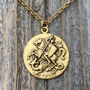 Antiqued Gold St George Medal Pendant on Necklace, Antique Replica of a Rare Saint George Medal, Protection against Christ&#39;s enemies, Dragon