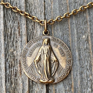 Bronze Wundertätige Medaille Anhänger und Halskette, Antike Replik, Runde Wundertätige Medaille Unsere Liebe Frau vom Wunder, Heilige Jungfrau Maria. MM2