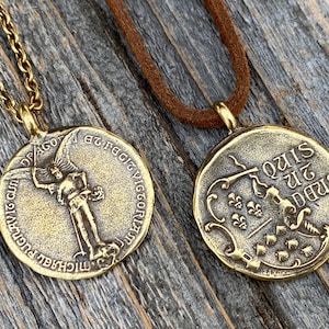 Antiqued Gold Saint Michael Latin Medal Necklace, Antique Replica of Rare French Medallion, St Michel the Archangel, Protection Medal, M1