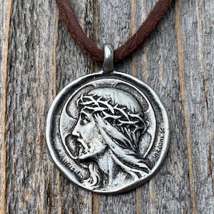 Antiqued Pewter Crowned Jesus Christ Medal Pendant Necklace, French Antique Replica, Artists Augis & Mazzoni, Rare Medallion from France