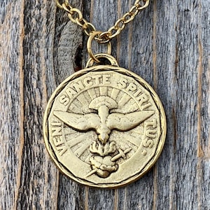 Large Antiqued Gold Come Holy Spirit Medal Pendant on Necklace, Antique Replica of Latin Veni Sancte Spiritus Medal, Sacred Heart of Jesus