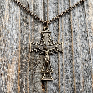 Bronze Radiant Art Deco Crucifix Pendant, Antique Replica, Crucified Christ on Chain Necklace, Large Bronze Crucifix, Unisex Crucifix Cross
