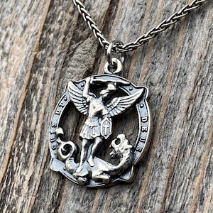 Sterling Silver Rare St Michael Quis Ut Deus Latin Medallion Necklace, Antique Replica Saint Michael the Archangel Protection Medal Pendant
