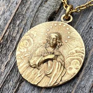 Antiqued Gold Rare Assumption of Mary Medal Necklace, French Antique Replica, Mary with Star Halo, Gorgeous Depth, Cable Chain, France Gift
