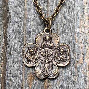 Bronze Shamrock 4-Way Medal & Necklace, Antique Replica, Design includes Miraculous Medal, Holy Spirit Dove, Sacred Heart, St Christopher