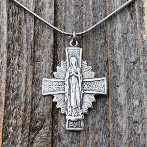 Sterling Silver Blessed Virgin Mary Pendant ONLY, Antique Replica Cross, Radiant Mary Medal, Our Lady of the Rosary Medallion for a necklace