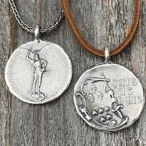 Sterling zilveren zeldzame St Michael Latijnse medaille ketting, antieke replica Sint-Michiel de Aartsengel, St Michel bescherming tegen de duivel M1