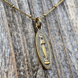 Antiqued Gold Latin Miraculous Medal Pendant and Necklace, Antique Replica of French Miraculous Medallion, Elongated Oval Shape Virgin Mary