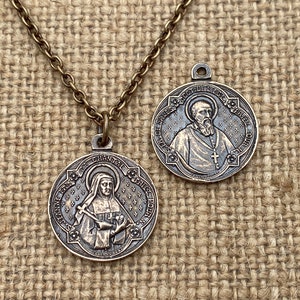 2-zijdige St. Francis de Sales en St. Jane de Chantal massief bronzen medaille, Franse kunstenaars Penin Poncet, antieke reproductie hanger medaillon