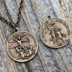 Bronze Saint Michael the Archangel and Guardian Angel Medal Pendant on Necklace, Antique Replica, Rare Two-Sided Angel Medallion Charm M3