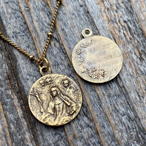 Antiqued Gold St Rita of Cascia Medal Pendant Necklace, Antique Replica, Saint Rita Medallion Charm from France, Saint of the Impossible