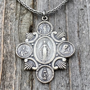 Sterling Silver Rare Marian Devotions Medal, Pendant, Necklace, Antique Replica, Miraculous Medal, Immaculate Heart, Our Lady of Lourdes