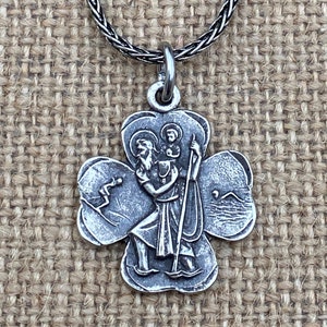Sterling Silver St. Christopher Medal Necklace, Antique Replica Medallion, Large Shamrock Pendant, Patron Saint of Travelers Saint of Travel