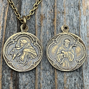 Antique Gold St Anthony of Padua Medallion & Necklace, Antique Replica of French Latin Medal, Two-Sided Pendant with St Francis of Assisi