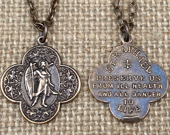 Bronze St Raphael the Archangel, Angel of Healing, Antique Replica Medal and Necklace, Preserve Us From Ill Health And All Danger To Life