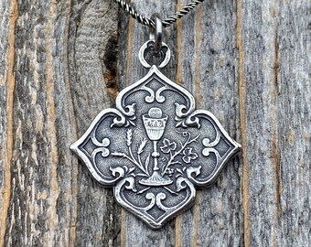Sterling Silver Holy Eucharist Diamond Shaped Pendant Medal on Necklace, Antique Replica of a Rare French Catholic Medallion, Holy Communion