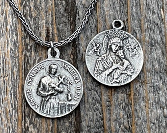 Sterling Silber St. Gerard Majella & Our Lady of Perpetual Help Medaillon Halskette, antike Replik, Heilige der werdenden Mütter, Fruchtbarkeit