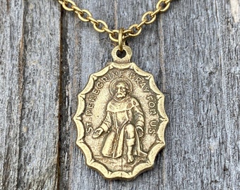 Antiqued Gold St. Peregrine Medal Pendant Necklace, Antique Replica, Patron Saint of Cancer Patients, Saint Peregrinus, Saint Pellegrino