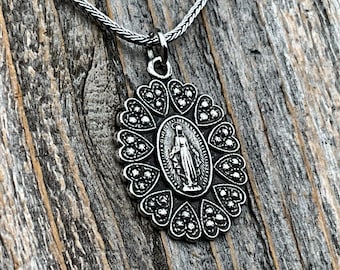 Sterling Silver Miraculous Medal Pendant Necklace, Hearts Border, Antique Replica, Blessed Virgin Mary Medal, Immaculate Virgin Mary, MM5