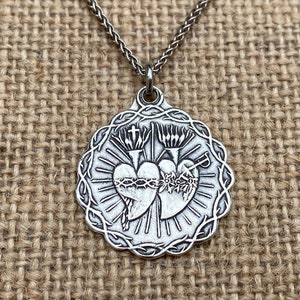 Sterling Silver Antique Replica Sacred Heart of Jesus and Immaculate Heart of Mary Twin Hearts Medal Necklace, Sacre Coeur & Coeur Immacule
