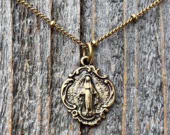Antiqued Gold Small Miraculous Medal Pendant Necklace On Satellite Chain, Antique Replica, Art Nouveau Blessed Virgin Mary Medal Pendant MM3