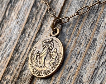 Bronze Our Lady Untier of Knots Medallion on Necklace, Antique Replica of French Our Lady Undoer of Knots Marian Devotion Pendant