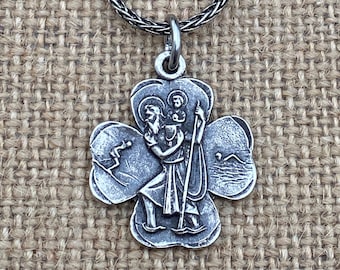 Sterling Silver St. Christopher Medal Necklace, Antique Replica Medallion, Large Shamrock Pendant, Patron Saint of Travelers Saint of Travel