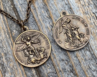 Bronze Saint Michael the Archangel and Guardian Angel Medal Pendant on Necklace, Antique Replica, Rare Two-Sided Angel Medallion Charm M3