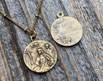 Antiqued Gold St Rita of Cascia Medal Pendant Necklace, Antique Replica, Saint Rita Medallion Charm from France, Saint of the Impossible