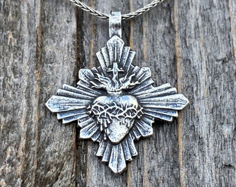 Sterling Silver Sacred Heart Medallion & Necklace, French Antique Replica, Radiant Sacre Coeur Medal, Large Sacred Heart of Jesus Pendant