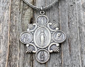 Sterling Silver Rare Marian Devotions Medal, Pendant, Necklace, Antique Replica, Miraculous Medal, Immaculate Heart, Our Lady of Lourdes