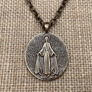 Bronze Large French Miraculous Medal Pendant, Antique Replica, Immaculate Conception Necklace, Our Lady of Miracles Medallion, MM1