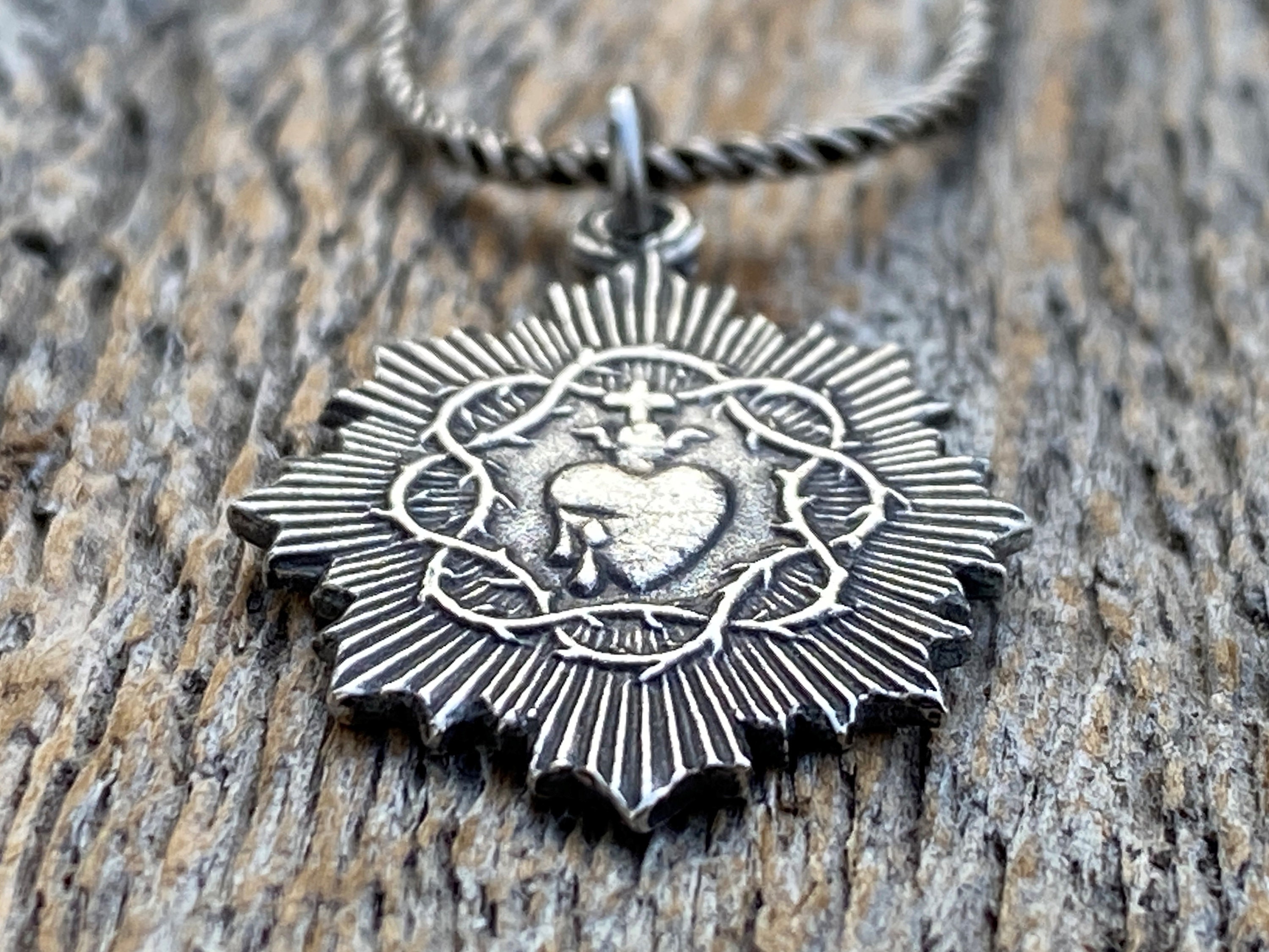 Petite French Sterling Silver Sacred Heart of Jesus Medal Pendant on ...
