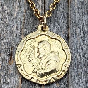 Gold Saint Padre Pio Antique Replica Medal Pendant Necklace, Saint Pius of Pietrelcina Charm, Stigmatized Priest, Pray Hope & Don't Worry